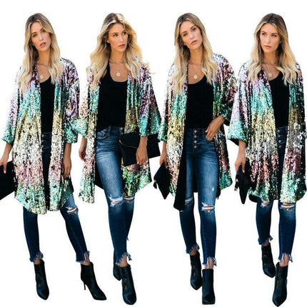 Women's European and American Style Colorful Sequins Personality Street Cardigan Coat