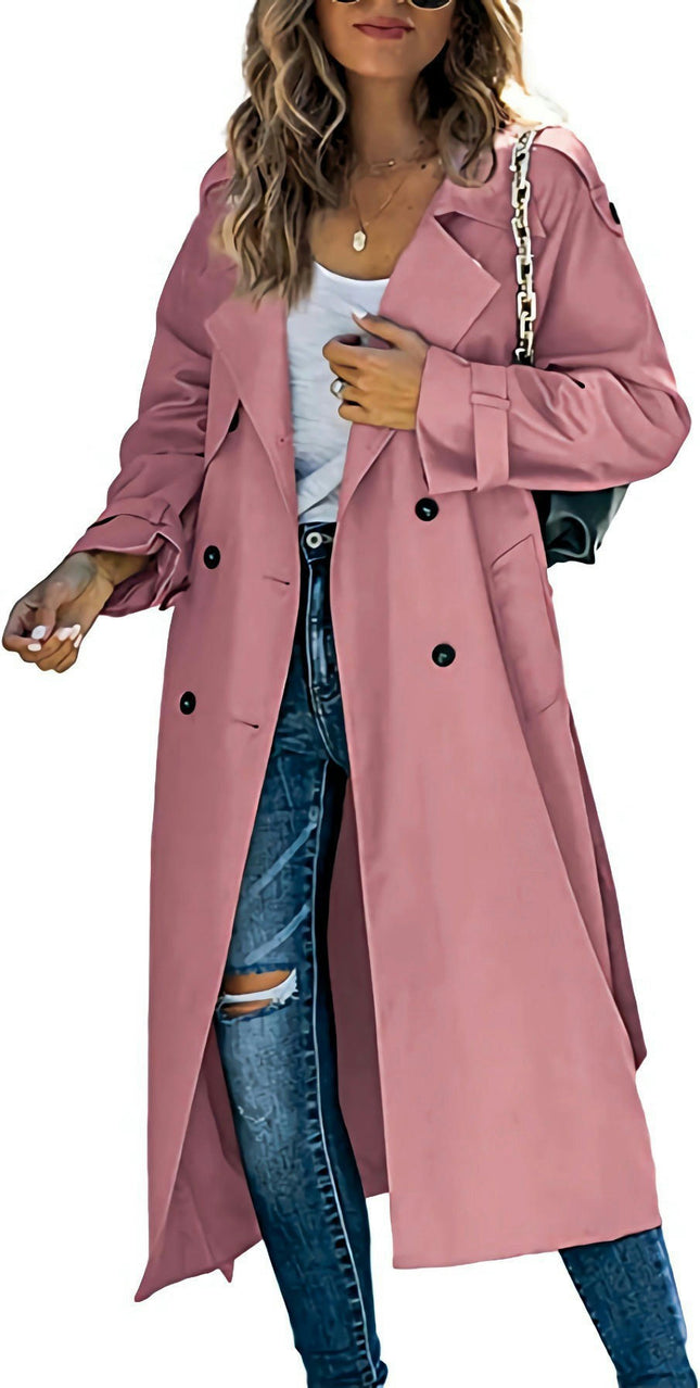 Women's Double Breasted Long Trench Coat Lapel Solid Color Windbreaker Jacket with Belt