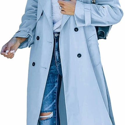 Women's Double Breasted Long Trench Coat Lapel Solid Color Windbreaker Jacket with Belt