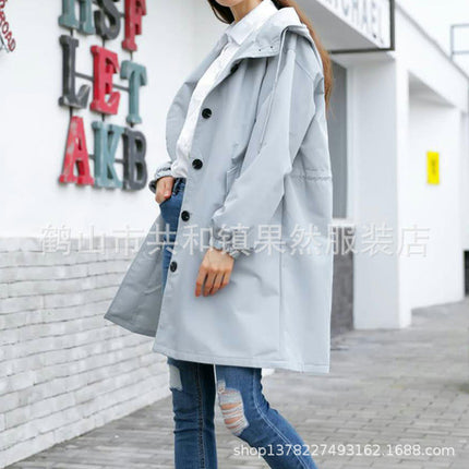 Women's Waterproof Mid-length Rain Jacket Lightweight Raincoat Hooded Trench Coat