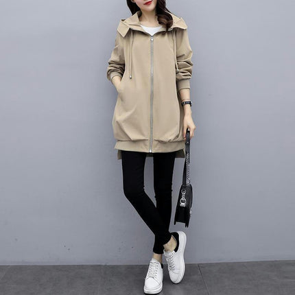 Spring and Autumn Loose Casual Hooded Trench Coat Women's Mid-Length Temperament Coat