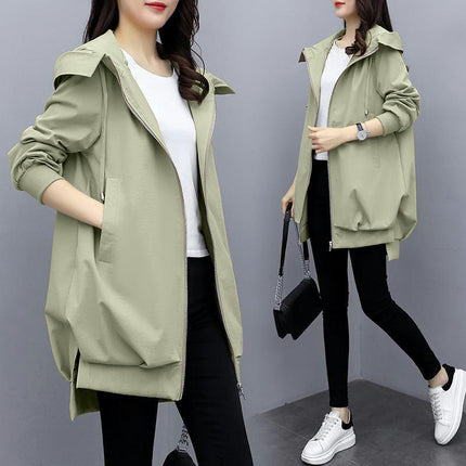 Spring and Autumn Loose Casual Hooded Trench Coat Women's Mid-Length Temperament Coat