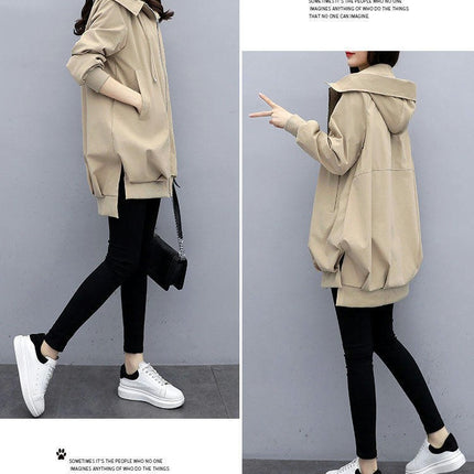 Spring and Autumn Loose Casual Hooded Trench Coat Women's Mid-Length Temperament Coat