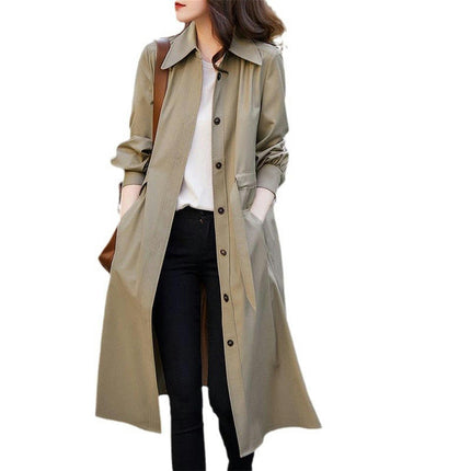 Mid-length Thin Windbreaker for Women-Spring and Autumn Lapel Button Jacket