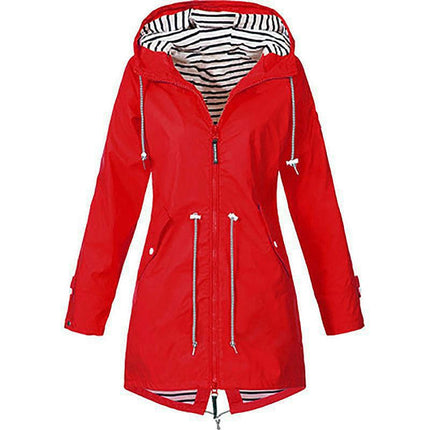 Women's Zippered Striped Lined Windbreaker Lightweight Outdoor Long Hooded Raincoat