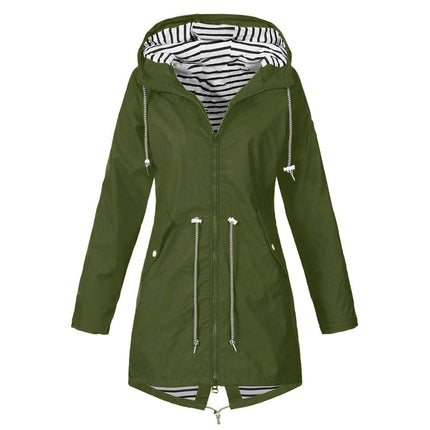 Women's Zippered Striped Lined Windbreaker Lightweight Outdoor Long Hooded Raincoat