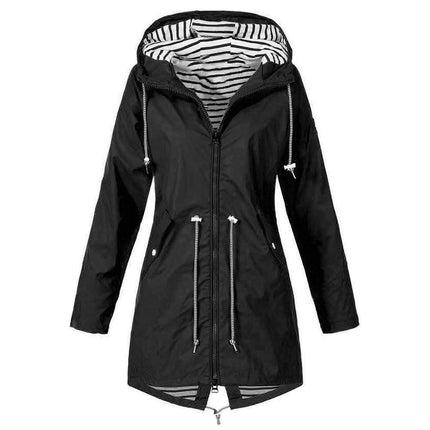 Women's Zippered Striped Lined Windbreaker Lightweight Outdoor Long Hooded Raincoat