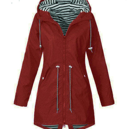 Women's Zippered Striped Lined Windbreaker Lightweight Outdoor Long Hooded Raincoat