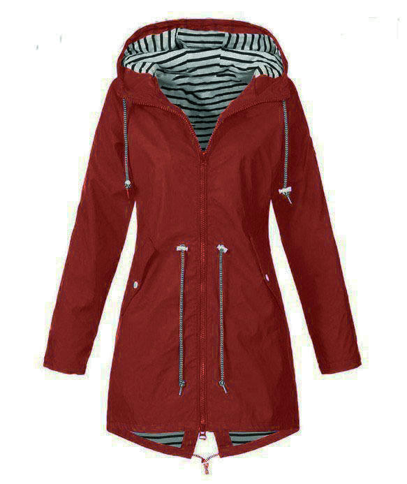 Women's Zippered Striped Lined Windbreaker Lightweight Outdoor Long Hooded Raincoat