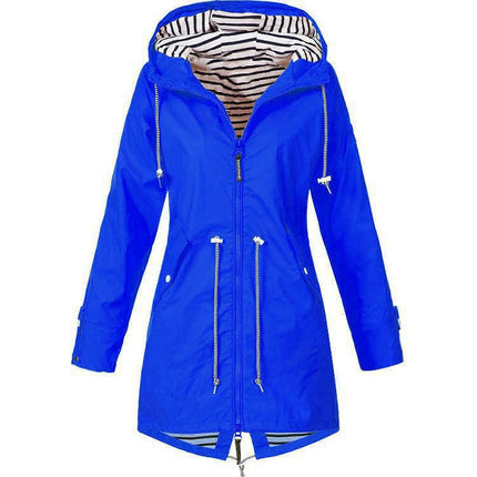 Women's Zippered Striped Lined Windbreaker Lightweight Outdoor Long Hooded Raincoat