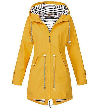 Women's Zippered Striped Lined Windbreaker Lightweight Outdoor Long Hooded Raincoat