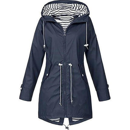 Women's Zippered Striped Lined Windbreaker Lightweight Outdoor Long Hooded Raincoat