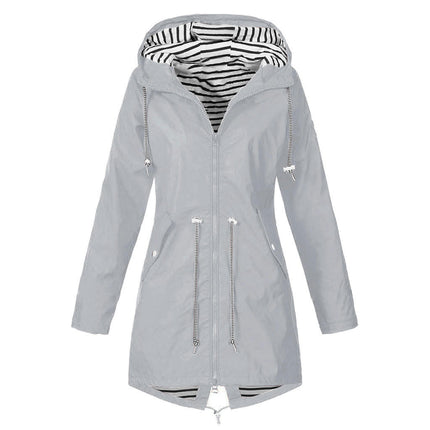 Women's Zippered Striped Lined Windbreaker Lightweight Outdoor Long Hooded Raincoat