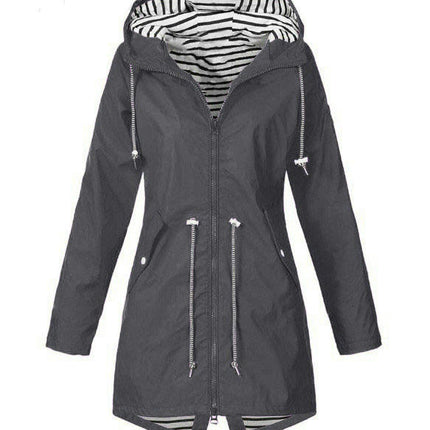 Women's Zippered Striped Lined Windbreaker Lightweight Outdoor Long Hooded Raincoat