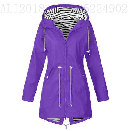 Women's Zippered Striped Lined Windbreaker Lightweight Outdoor Long Hooded Raincoat