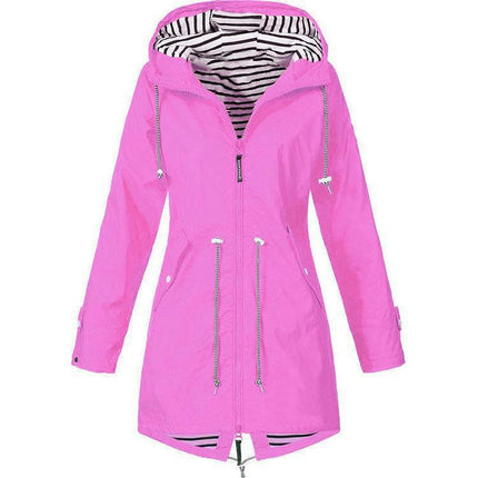 Women's Zippered Striped Lined Windbreaker Lightweight Outdoor Long Hooded Raincoat