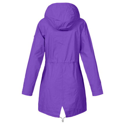 Women's Zippered Striped Lined Windbreaker Lightweight Outdoor Long Hooded Raincoat