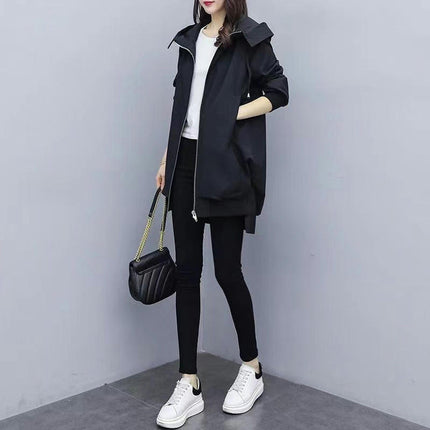 Women's Korean Casual Temperament Jacket-Hooded Mid-length Windbreaker Coat