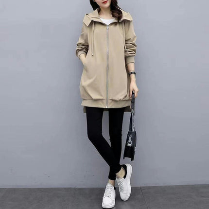 Women's Korean Casual Temperament Jacket-Hooded Mid-length Windbreaker Coat