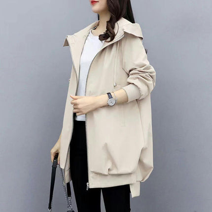 Women's Korean Casual Temperament Jacket-Hooded Mid-length Windbreaker Coat