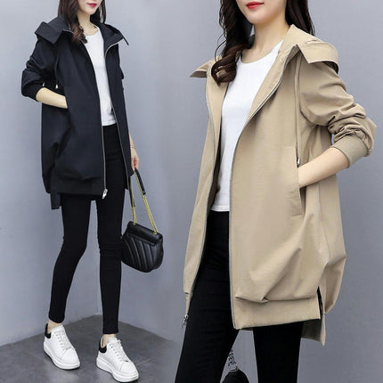 Women's Korean Casual Temperament Jacket-Hooded Mid-length Windbreaker Coat