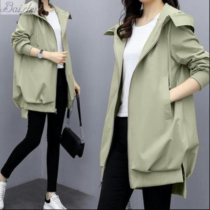 Women's Korean Casual Temperament Jacket-Hooded Mid-length Windbreaker Coat