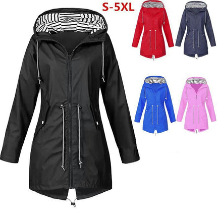 Women's Lightweight Waterproof Hooded Softshell Rain Jacket, Warm Windbreaker Long Coat