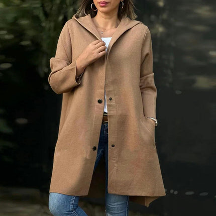 Womens Wool Blend Pea Coat Single Breasted Trench Jackets with Hood