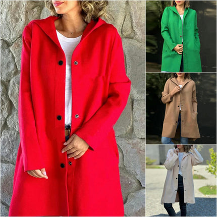 Womens Wool Blend Pea Coat Single Breasted Trench Jackets with Hood