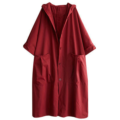 Women's Spring and Autumn Thin Hooded Loose Over-Knee Long Coat Oversized Pocket Button Coat