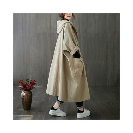 Women's Spring and Autumn Thin Hooded Loose Over-Knee Long Coat Oversized Pocket Button Coat