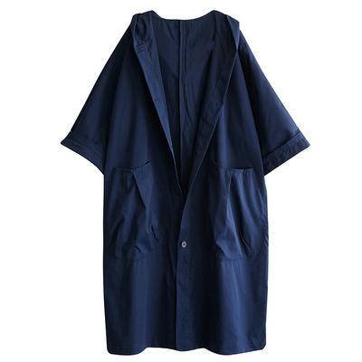 Women's Spring and Autumn Thin Hooded Loose Over-Knee Long Coat Oversized Pocket Button Coat