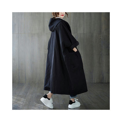 Women's Spring and Autumn Thin Hooded Loose Over-Knee Long Coat Oversized Pocket Button Coat