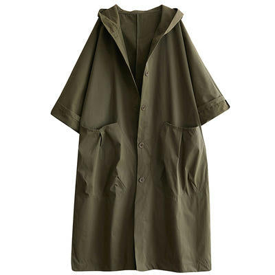 Women's Spring and Autumn Thin Hooded Loose Over-Knee Long Coat Oversized Pocket Button Coat