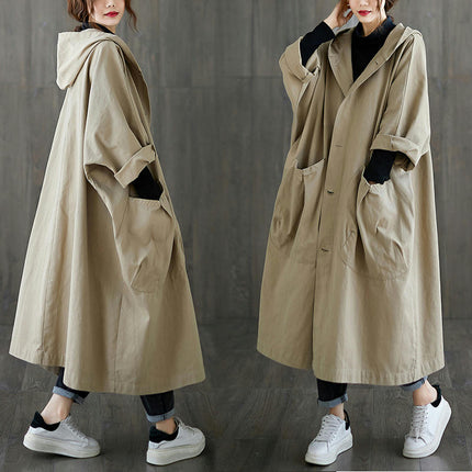 Women's Spring and Autumn Thin Hooded Loose Over-Knee Long Coat Oversized Pocket Button Coat