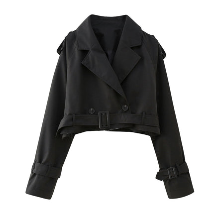 Womens Cropped Bike Jacket Casual Double Breasted Trench Coat with Belt