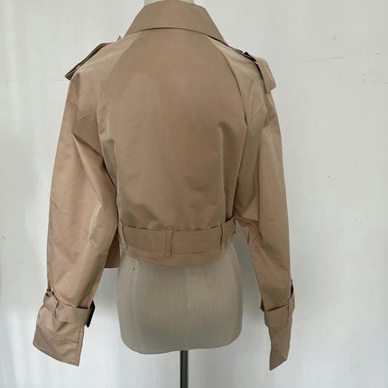 Womens Cropped Bike Jacket Casual Double Breasted Trench Coat with Belt