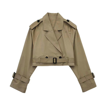 Womens Cropped Bike Jacket Casual Double Breasted Trench Coat with Belt