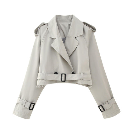 Womens Cropped Bike Jacket Casual Double Breasted Trench Coat with Belt