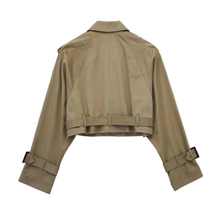 Womens Cropped Bike Jacket Casual Double Breasted Trench Coat with Belt