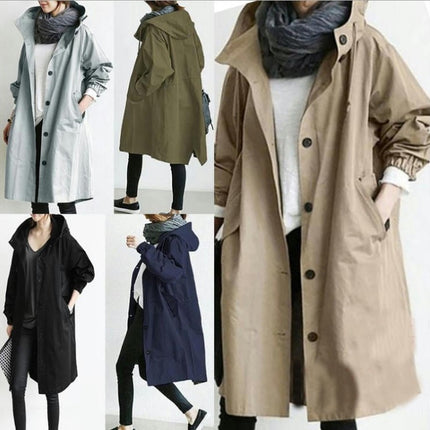 Womens Trench Coats Hooded Long Spring Autumn Windproof Casual Windbreaker Jackets