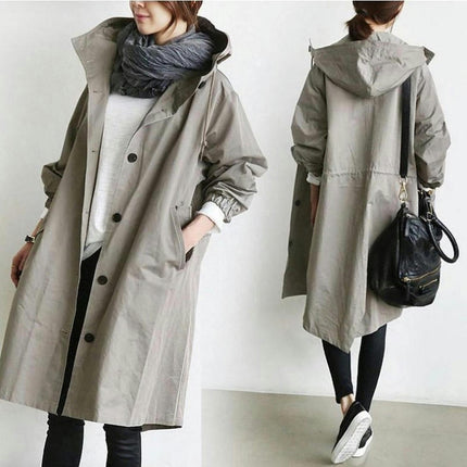 Womens Trench Coats Hooded Long Spring Autumn Windproof Casual Windbreaker Jackets