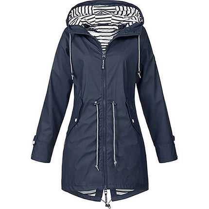 Women's Long Zipper Hooded Rain Jacket Outdoor Striped Climbing Raincoat Windbreaker