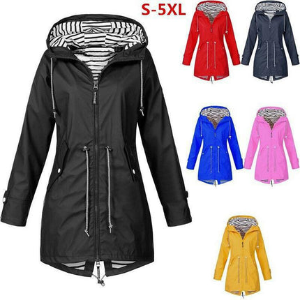 Women's Long Zipper Hooded Rain Jacket Outdoor Striped Climbing Raincoat Windbreaker