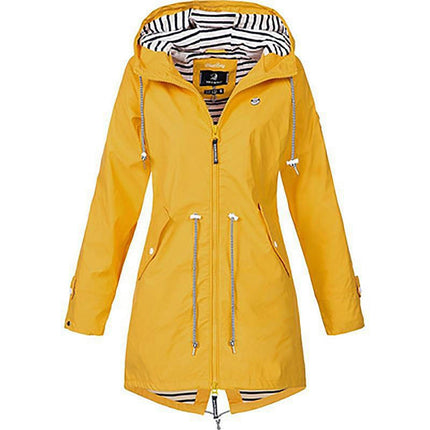 Women's Long Zipper Hooded Rain Jacket Outdoor Striped Climbing Raincoat Windbreaker