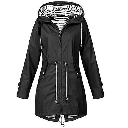 Women's Long Zipper Hooded Rain Jacket Outdoor Striped Climbing Raincoat Windbreaker