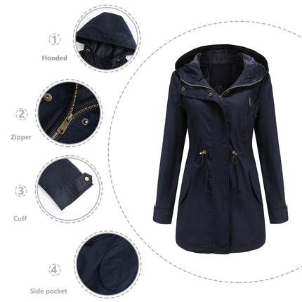 Women Waterproof Long Hooded Trench Coats Lined Windbreaker Travel Jacket