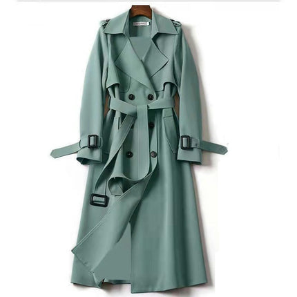 Women's Double Breasted Classic Long Trench Coat Lapel Slim Casual  Overcoat with Belt