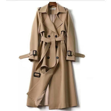 Women's Double Breasted Classic Long Trench Coat Lapel Slim Casual  Overcoat with Belt