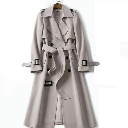 Women's Double Breasted Classic Long Trench Coat Lapel Slim Casual  Overcoat with Belt